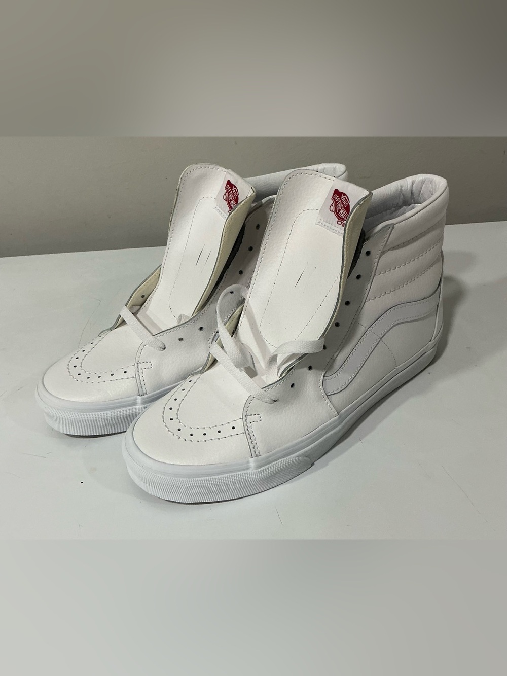 Vans Old Skool Leather Sneakers in White with Red Heel Tab